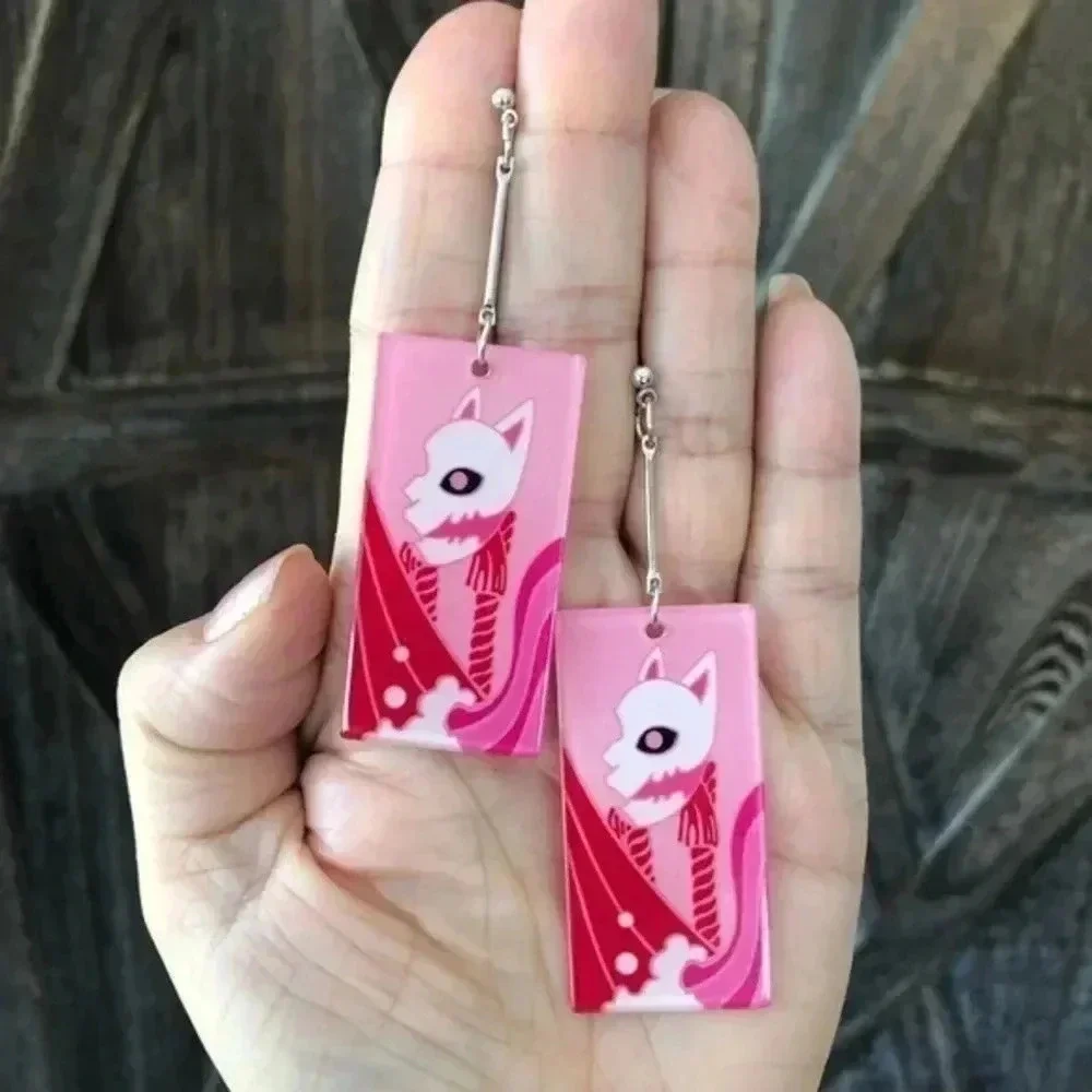 Pink Cat Retro Pop Asian Anime Style Rectangle Resin Drop Earrings A NWT